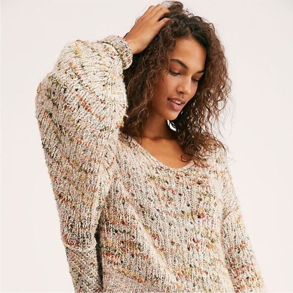 Free People Oversized Slouchy Summer Multicolor Knit V-Neck Sweater XL Beachy - Picture 1 of 16